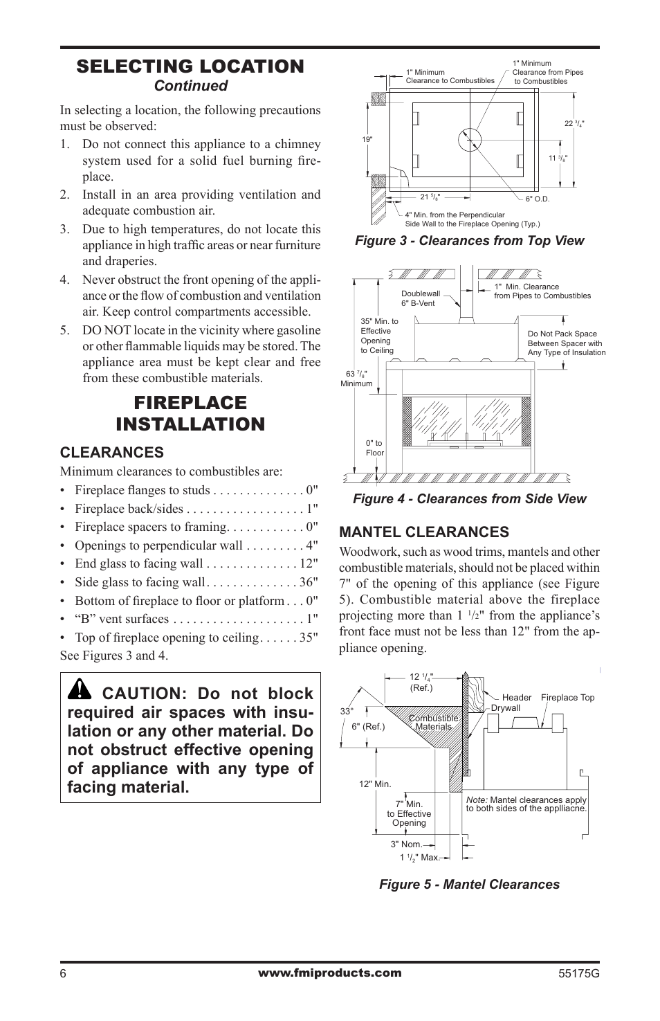 Fireplace installation, Selecting location, Mantel clearances | Clearances, Continued | FMI (V)GL36PNE User Manual | Page 6 / 20