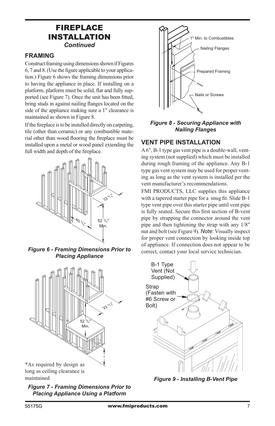 Fireplace installation, Continued framing, Vent pipe installation | FMI (V)GL36PNE User Manual | Page 7 / 20