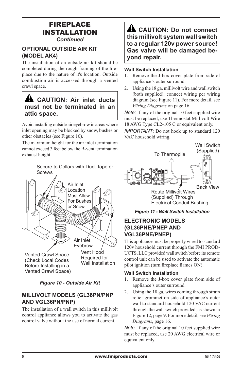 Fireplace installation, Continued optional outside air kit (model ak4), Millivolt models (gl36pn/pnp and vgl36pn/pnp) | Electronic models (gl36pne/pnep and vgl36pne/pnep) | FMI (V)GL36PNE User Manual | Page 8 / 20