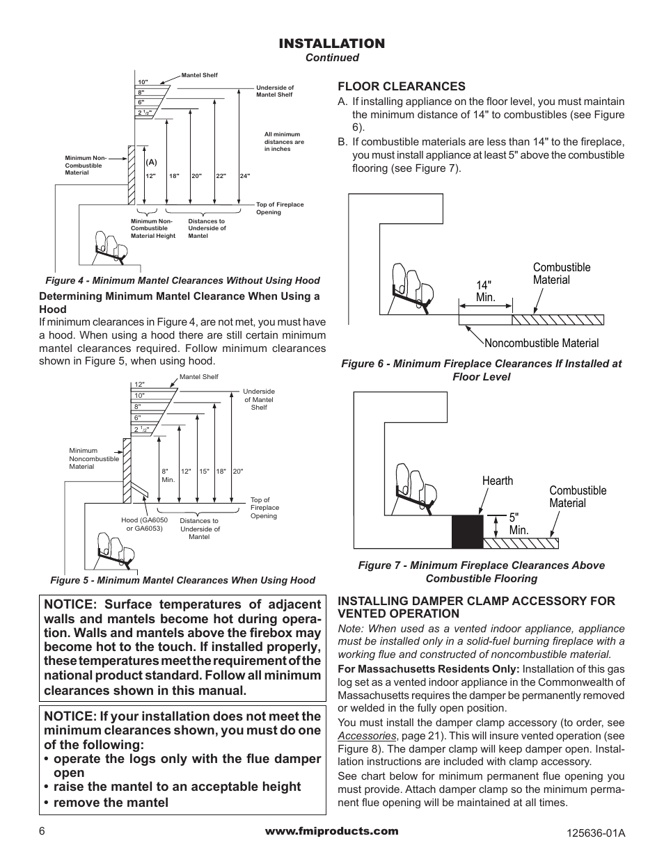 Installation, Hearth 5" min. combustible material, Floor clearances | FMI MF42ONE User Manual | Page 6 / 28