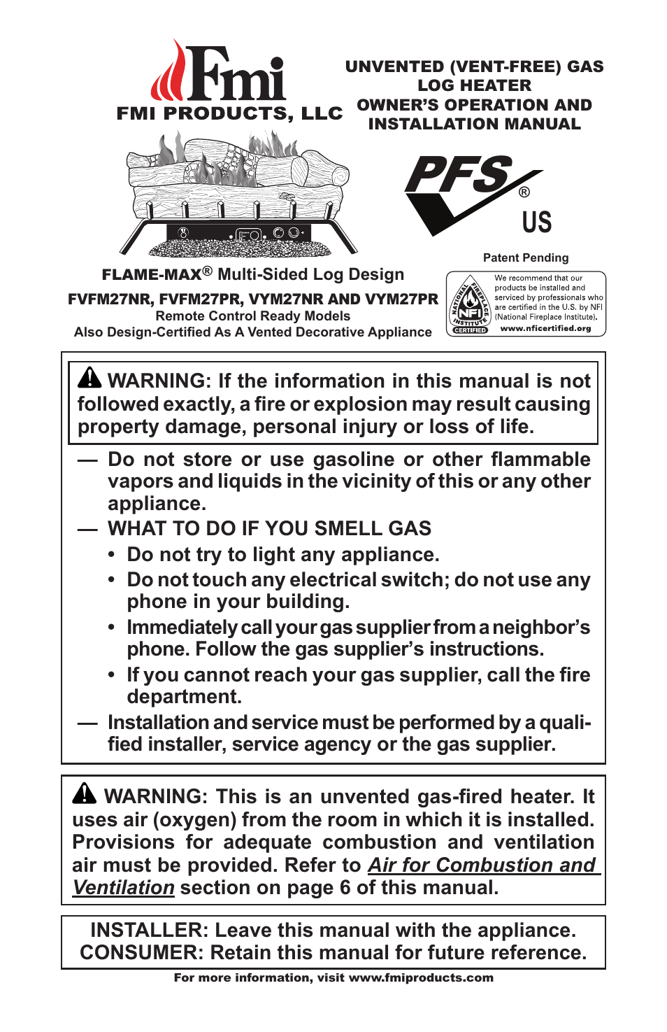 FMI FLAME-MAX FVFM27NR User Manual | 36 pages