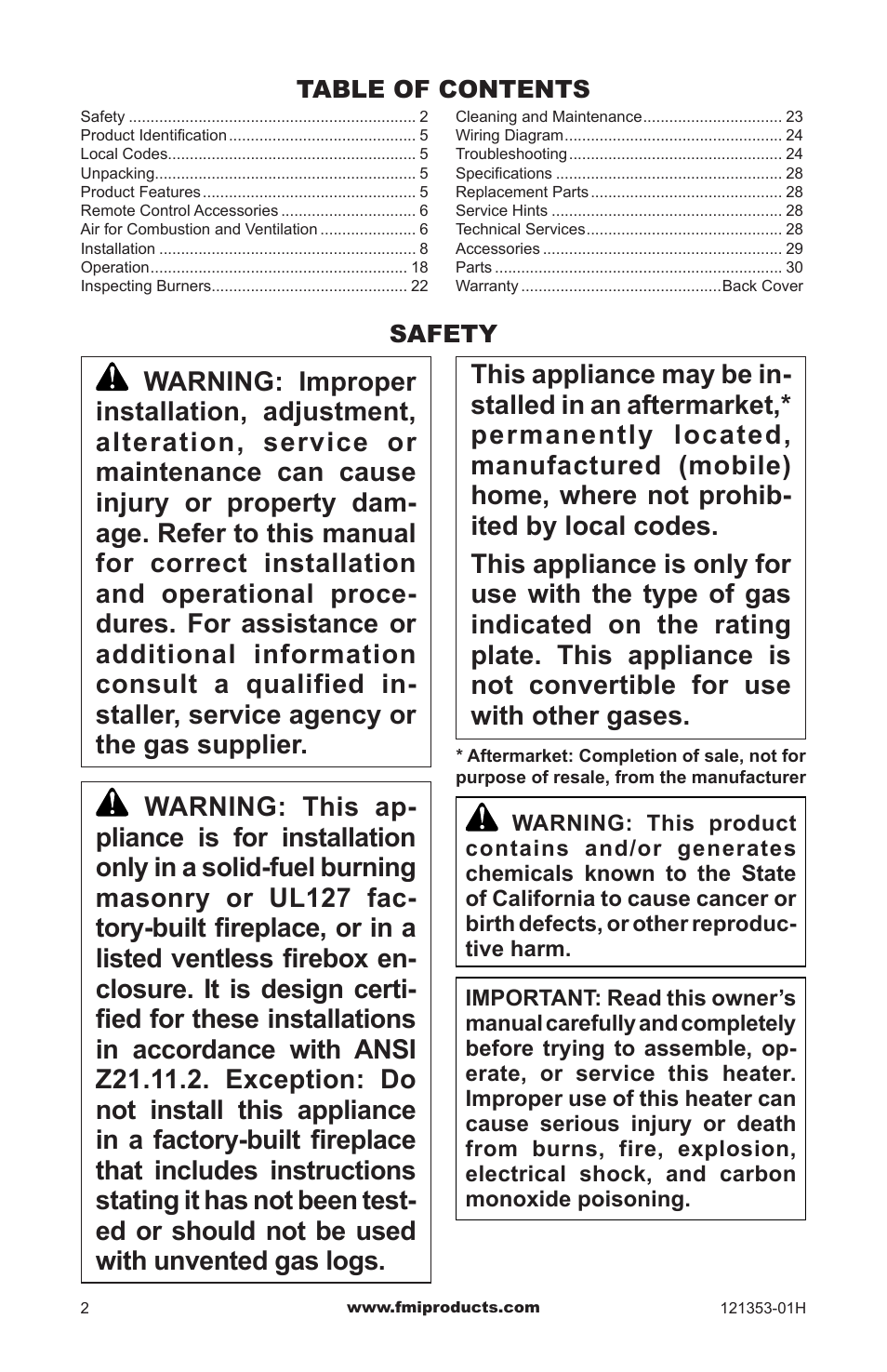 Safety | FMI FLAME-MAX FVFM27NR User Manual | Page 2 / 36