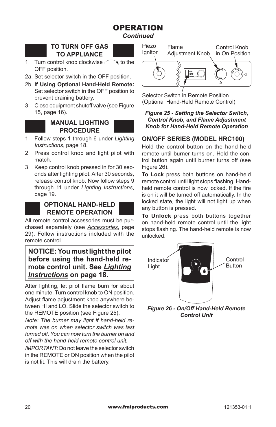 Operation, Manual lighting procedure, Optional hand-held remote operation | Continued, On/off series (model hrc100) | FMI FLAME-MAX FVFM27NR User Manual | Page 20 / 36