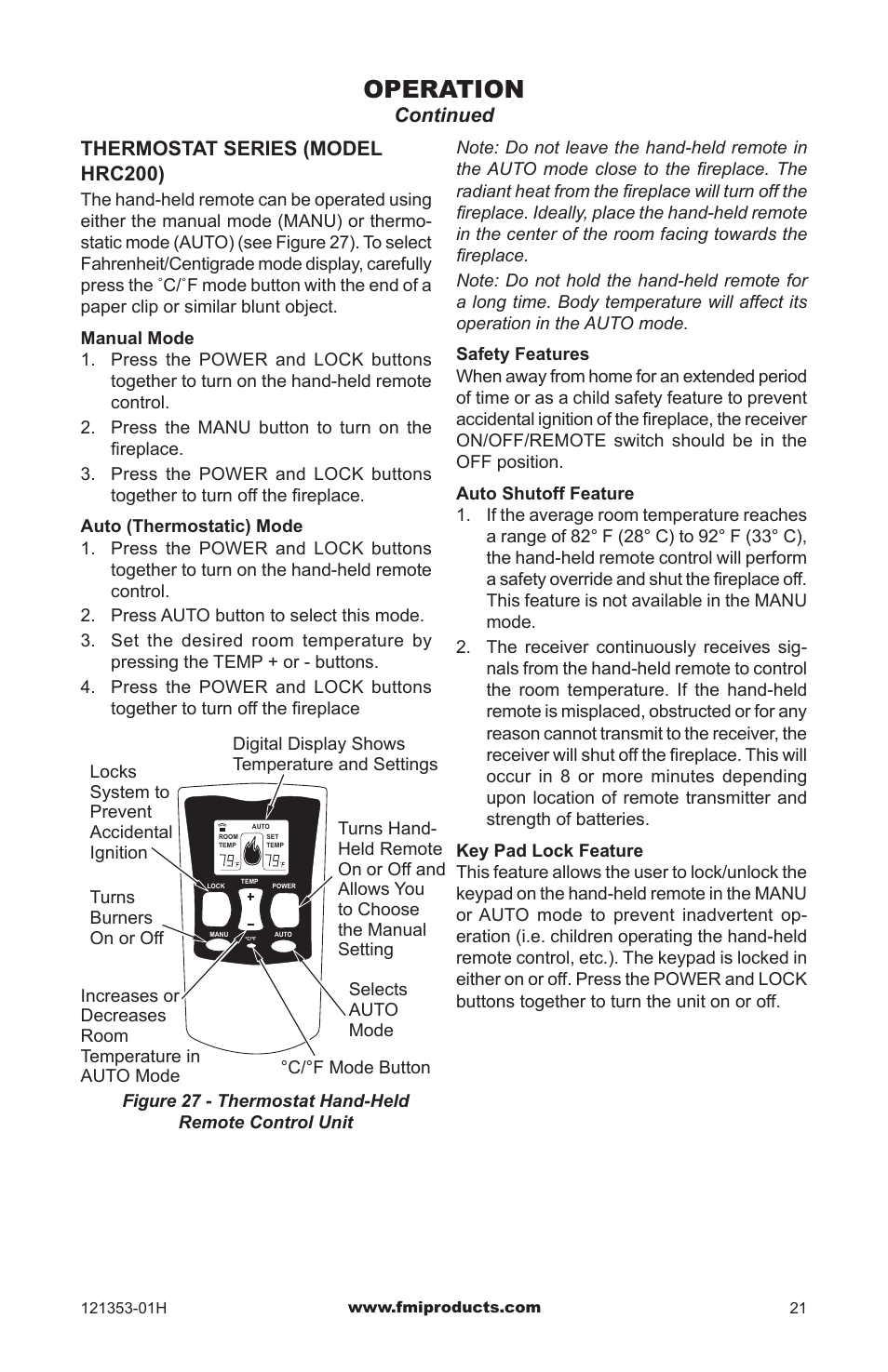 Operation, Thermostat series (model hrc200), Continued | FMI FLAME-MAX FVFM27NR User Manual | Page 21 / 36