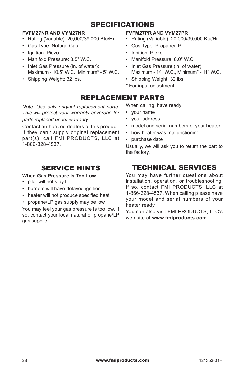 Specifications, Replacement parts, Service hints | Technical services | FMI FLAME-MAX FVFM27NR User Manual | Page 28 / 36