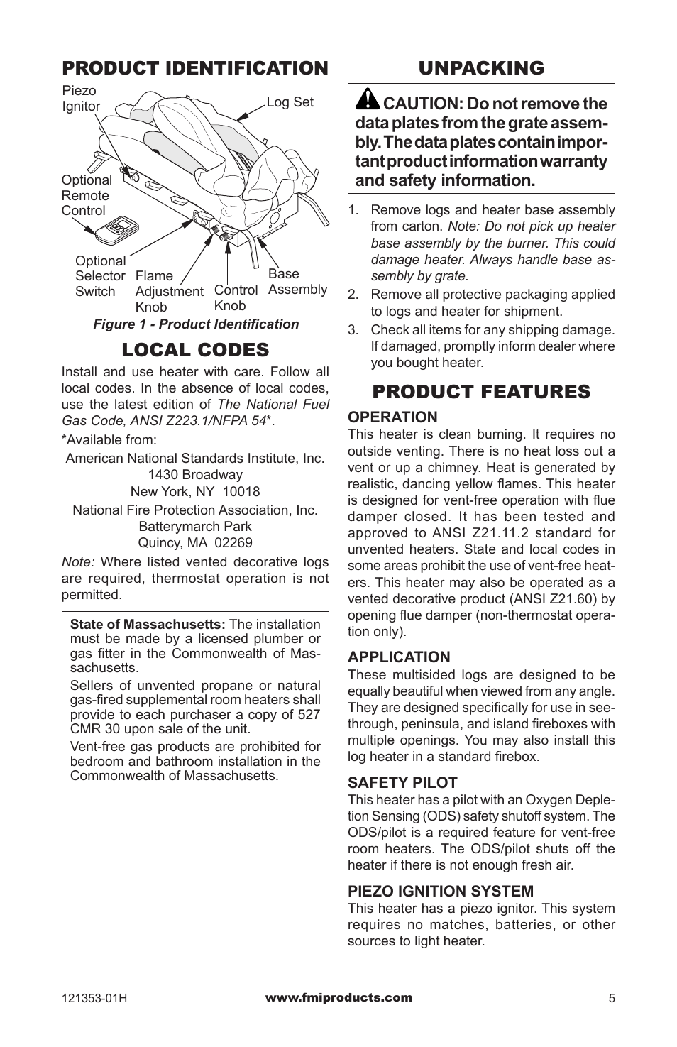 Product identification, Local codes, Unpacking | Product features, Product identification unpacking | FMI FLAME-MAX FVFM27NR User Manual | Page 5 / 36