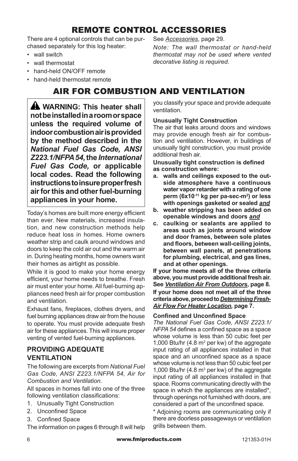 Remote control accessories, Air for combustion and ventilation | FMI FLAME-MAX FVFM27NR User Manual | Page 6 / 36