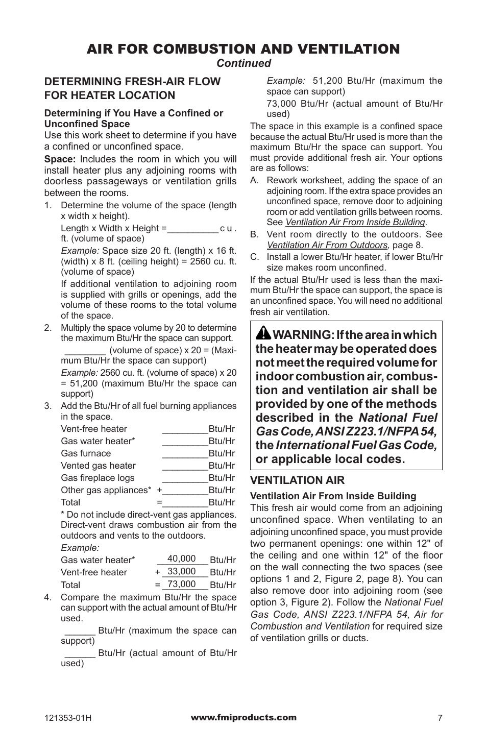 Air for combustion and ventilation | FMI FLAME-MAX FVFM27NR User Manual | Page 7 / 36