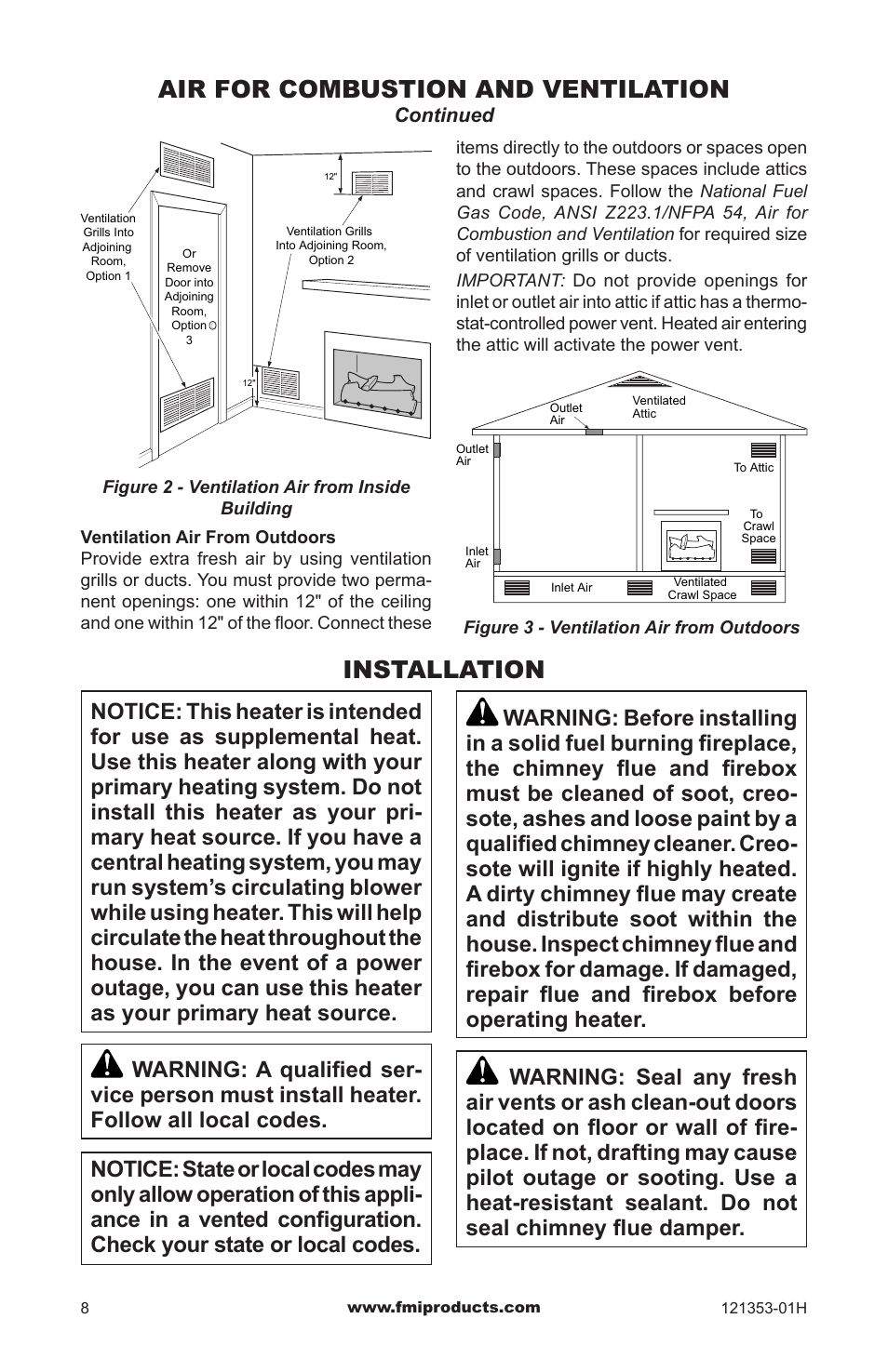 Installation, Air for combustion and ventilation | FMI FLAME-MAX FVFM27NR User Manual | Page 8 / 36