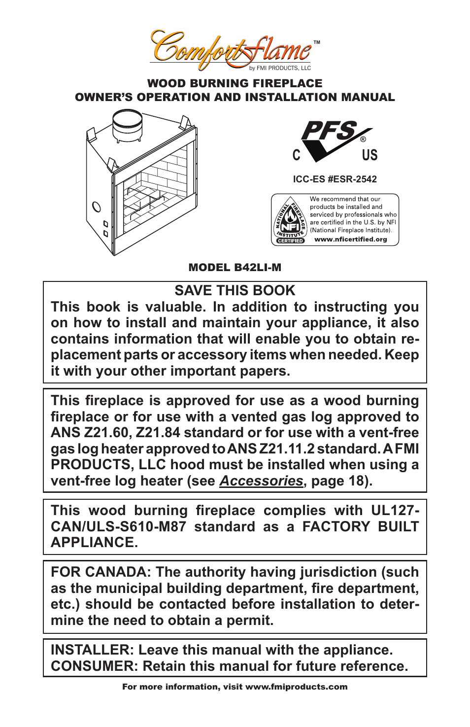 FMI COMFORT FLAME B42LI-M User Manual | 20 pages