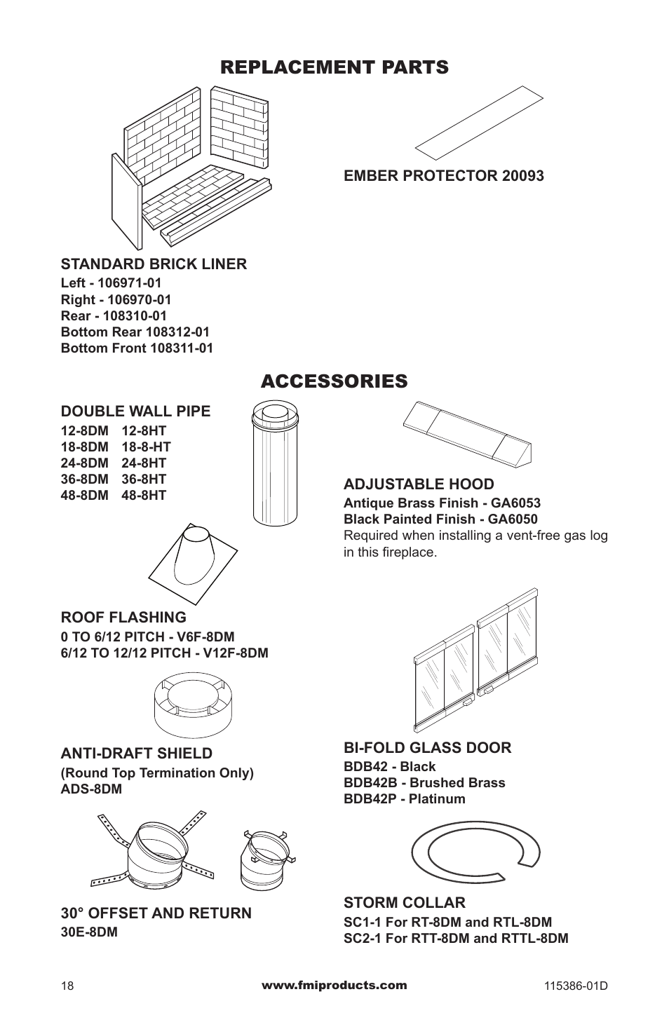 Replacement parts, Accessories | FMI COMFORT FLAME B42LI-M User Manual | Page 18 / 20