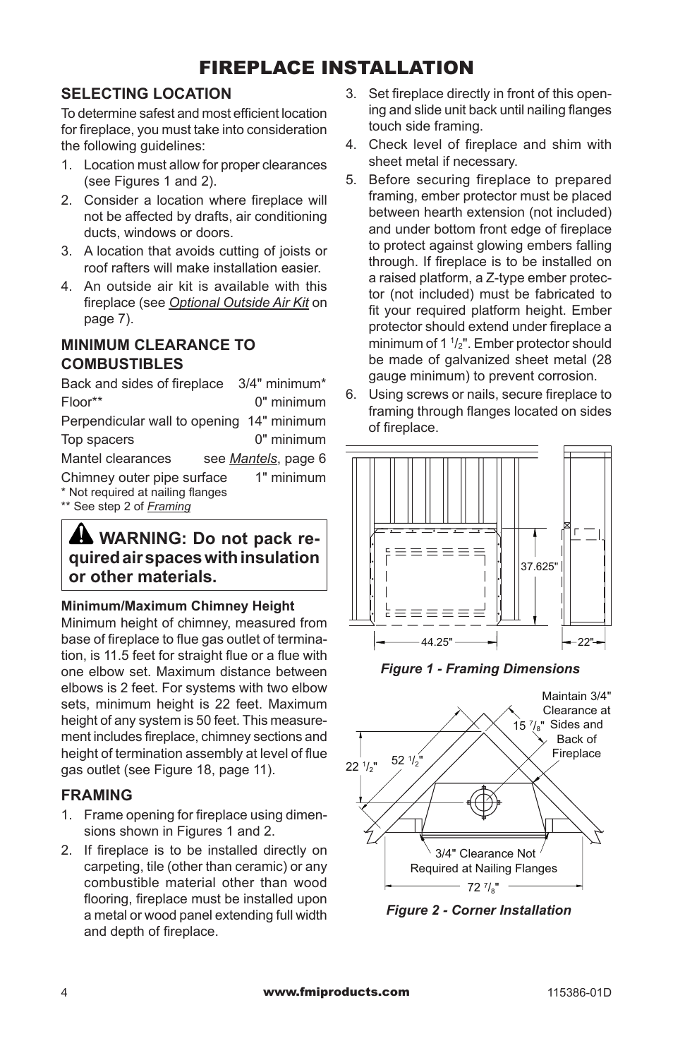 Fireplace installation, Selecting location, Minimum clearance to combustibles | Framing | FMI COMFORT FLAME B42LI-M User Manual | Page 4 / 20