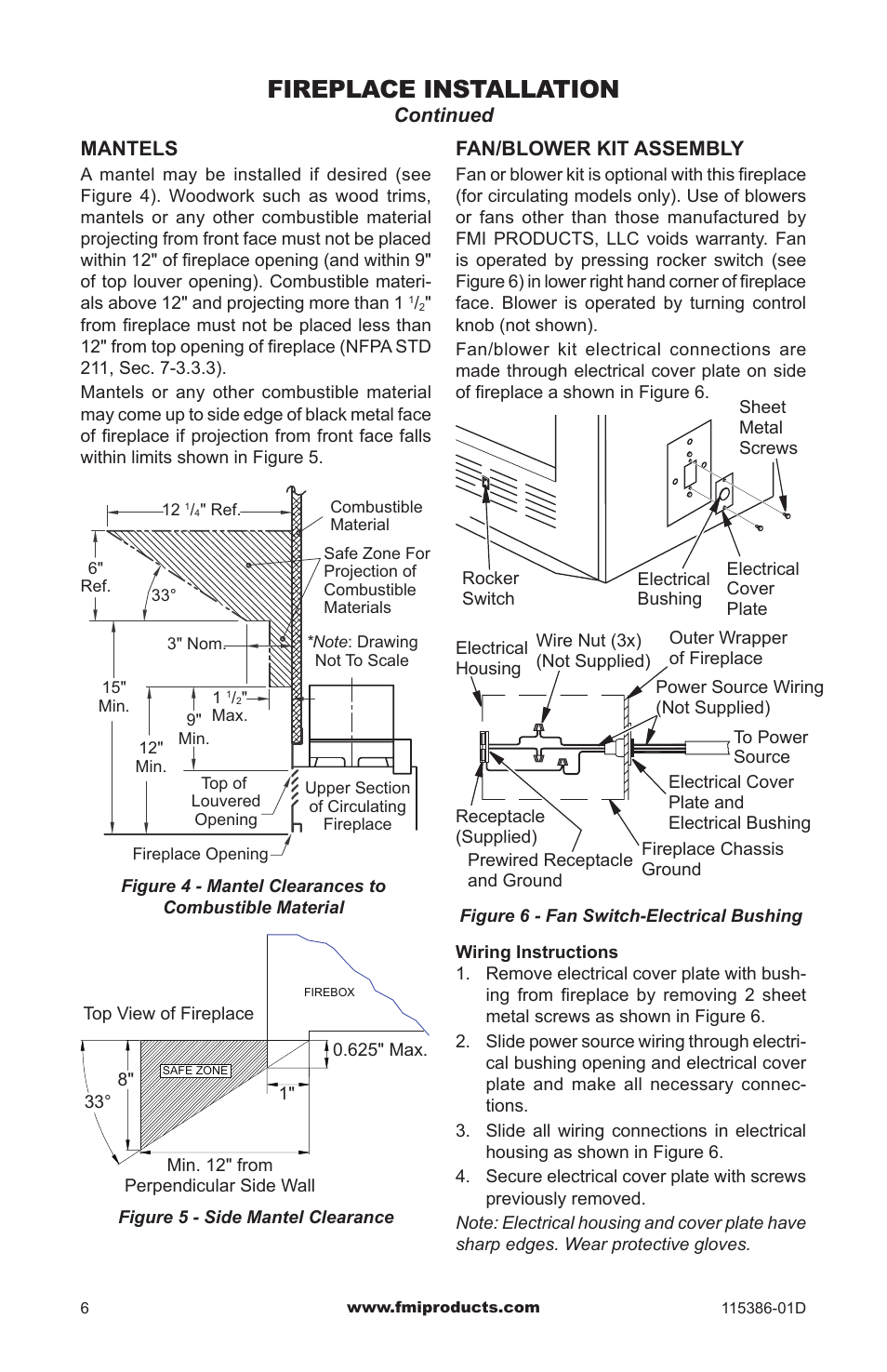 Fireplace installation, Continued, Mantels | Fan/blower kit assembly | FMI COMFORT FLAME B42LI-M User Manual | Page 6 / 20
