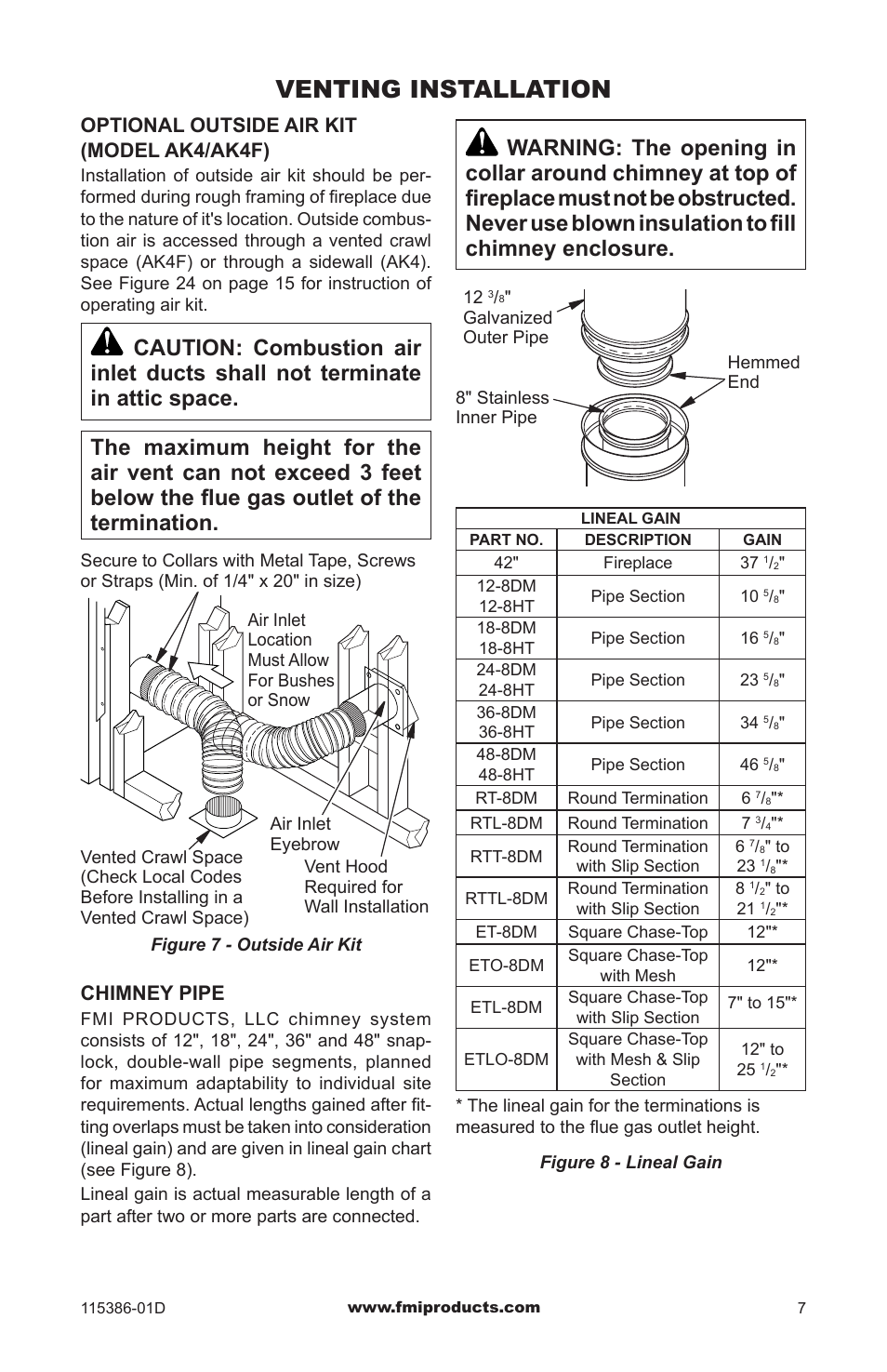 Venting installation, Optional outside air kit (model ak4/ak4f), Chimney pipe | FMI COMFORT FLAME B42LI-M User Manual | Page 7 / 20