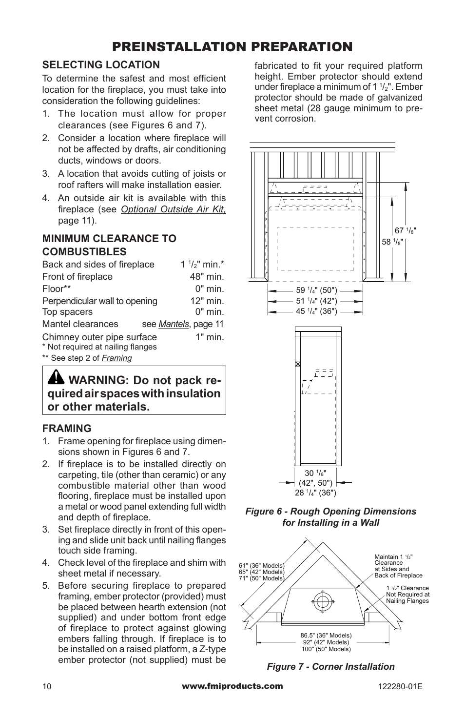 Preinstallation preparation, Selecting location, Minimum clearance to combustibles | Framing | FMI BVC-50Y User Manual | Page 10 / 44