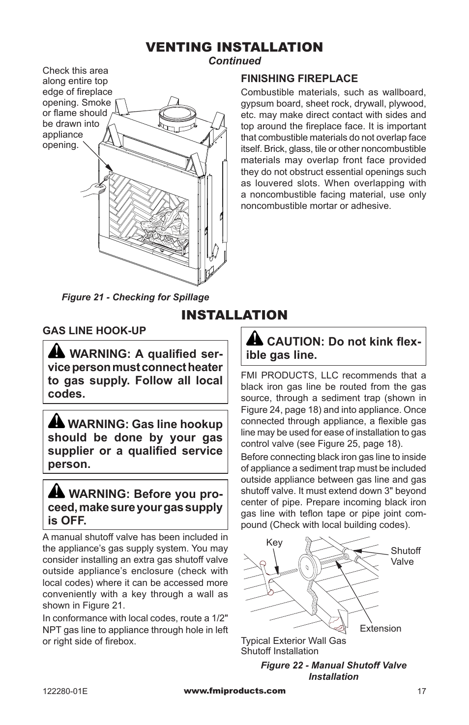 Venting installation, Installation, Caution: do not kink flex- ible gas line | FMI BVC-50Y User Manual | Page 17 / 44