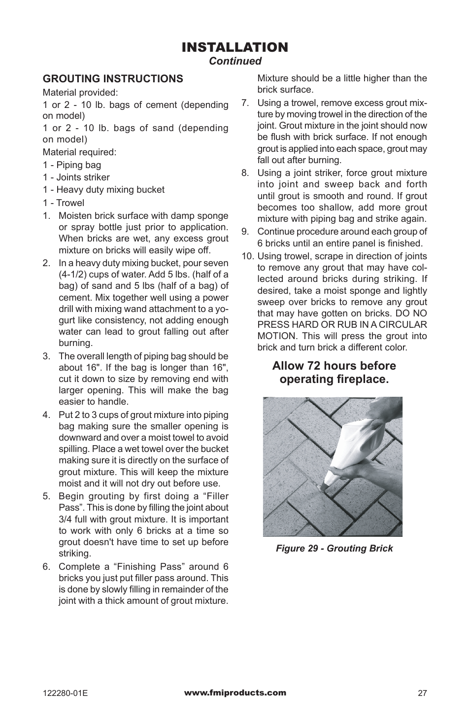Installation, Allow 72 hours before operating fireplace | FMI BVC-50Y User Manual | Page 27 / 44