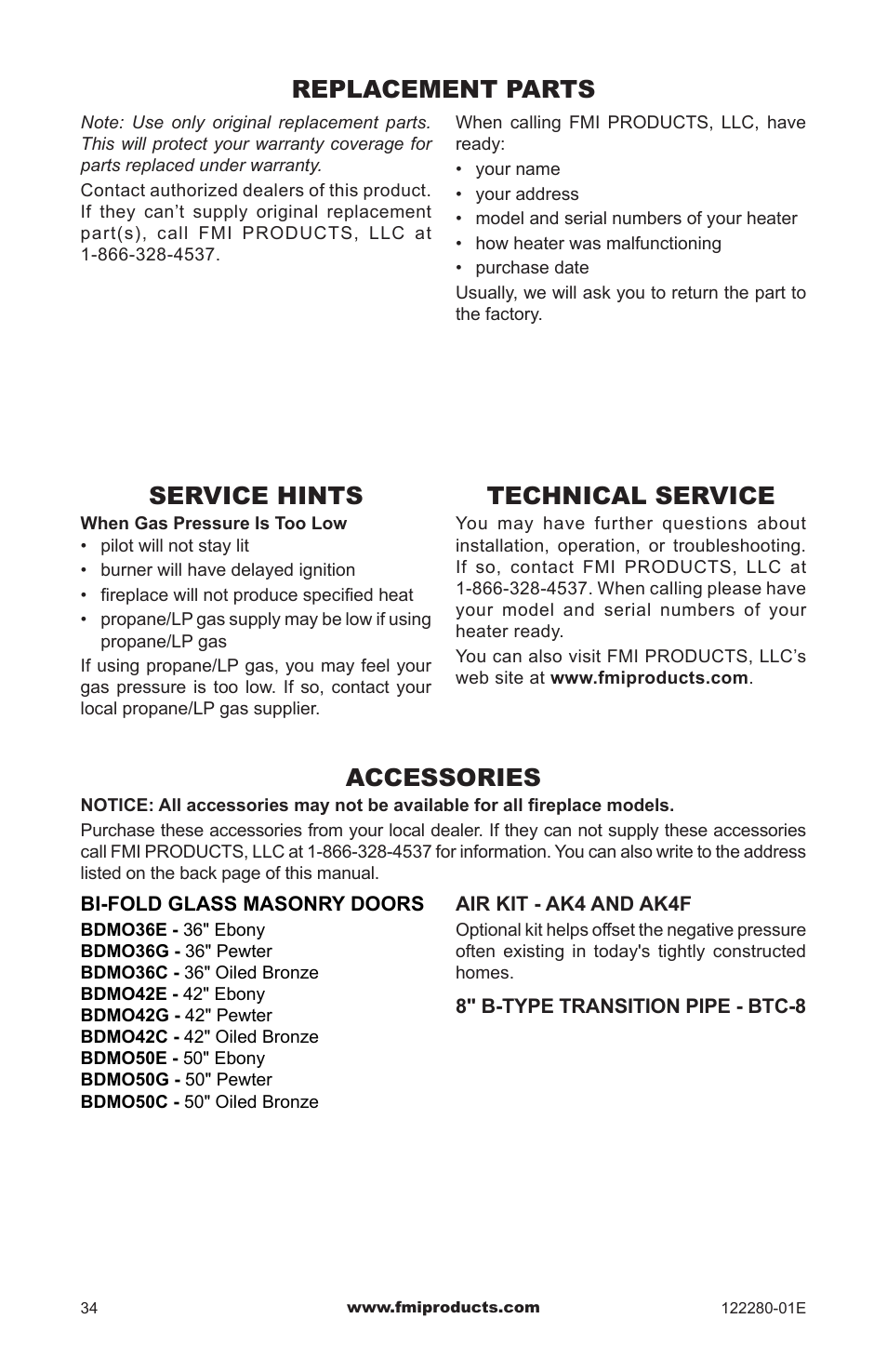 Replacement parts, Service hints, Technical service | Accessories | FMI BVC-50Y User Manual | Page 34 / 44