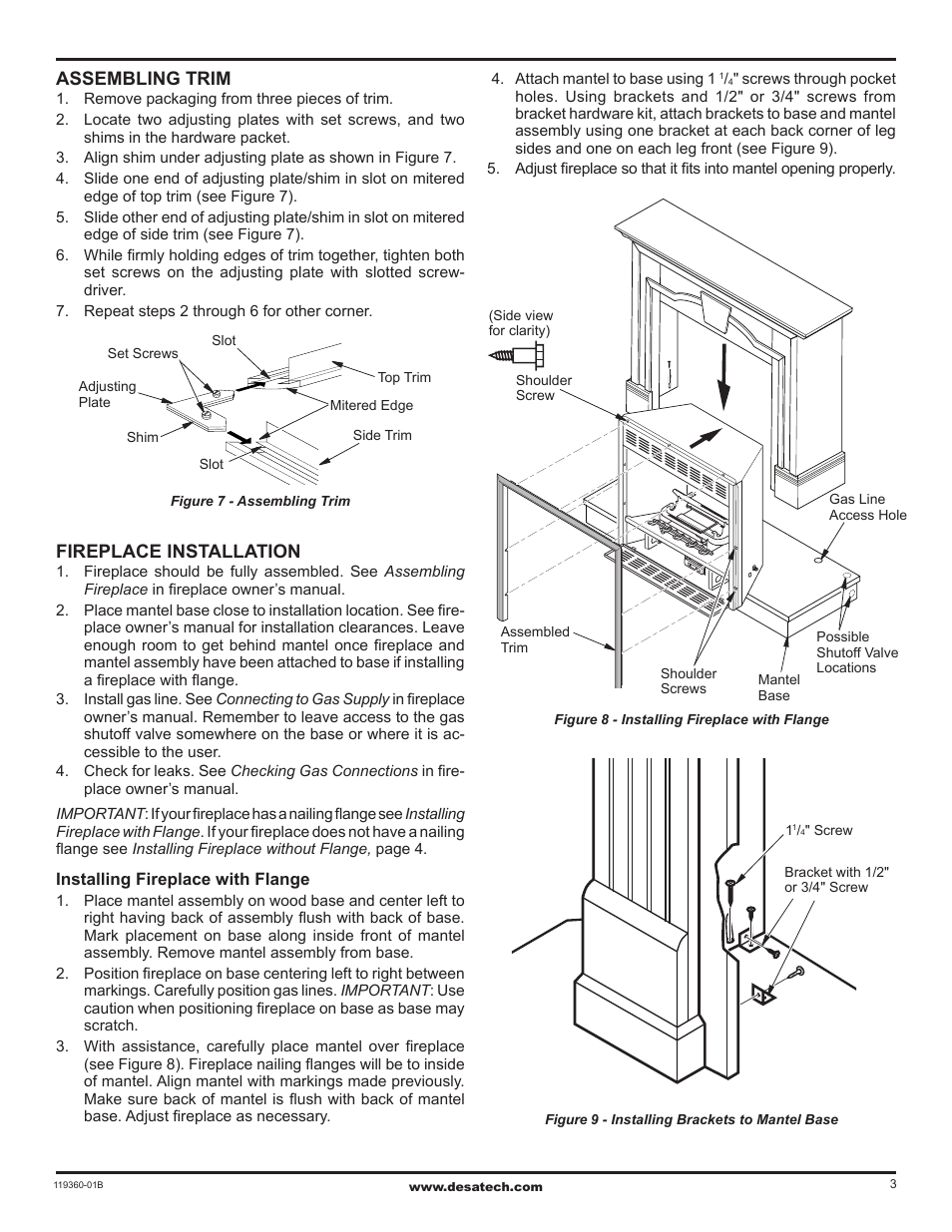 Assembling trim, Fireplace installation | FMI Wall Mantel and Base with Trim W32DS User Manual | Page 3 / 4