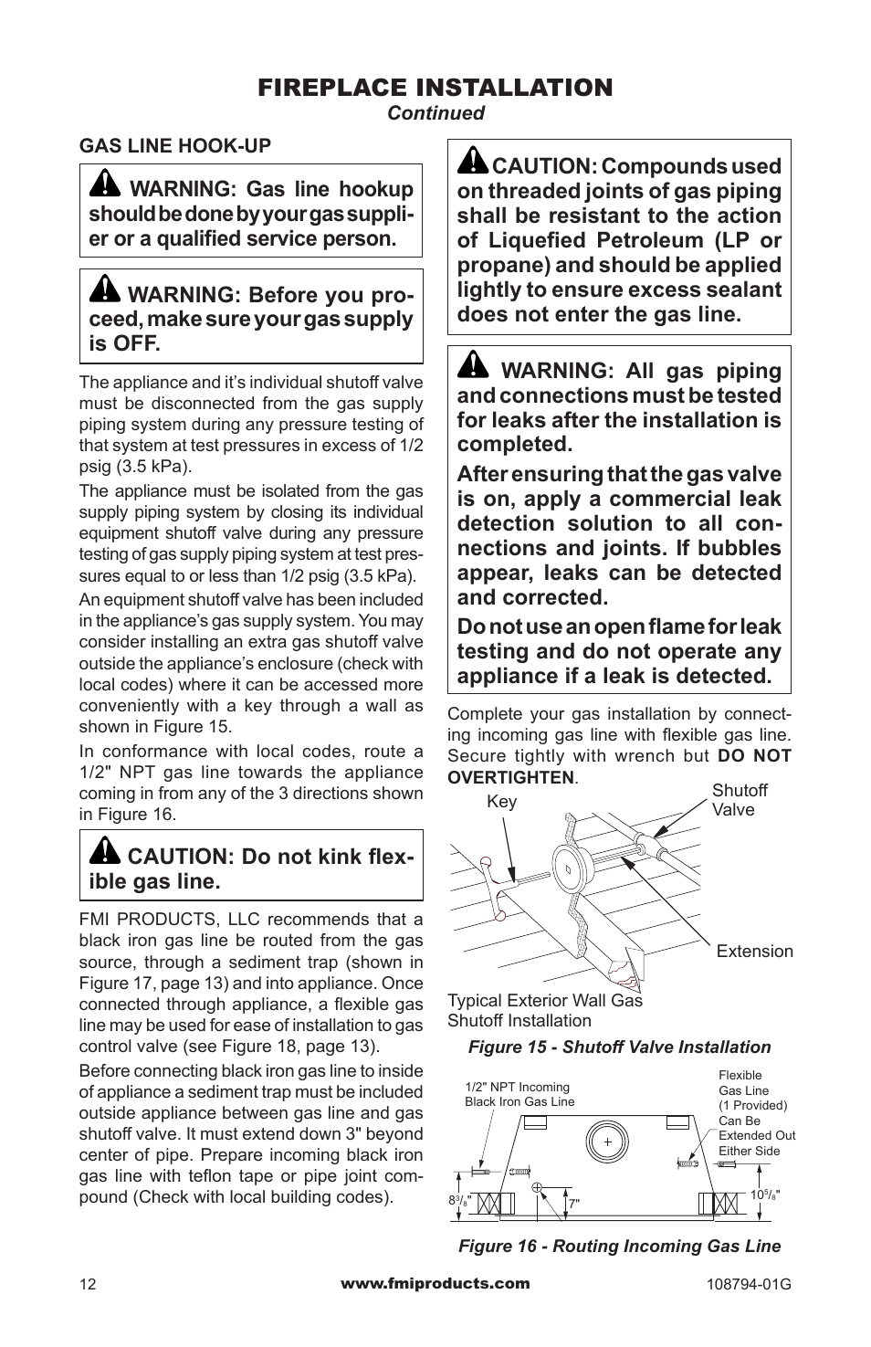 Fireplace installation, Caution: do not kink flex- ible gas line | FMI PFS P324E User Manual | Page 12 / 32