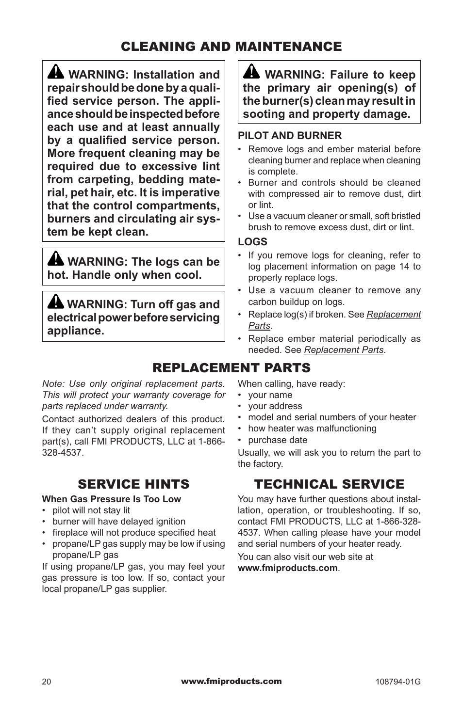 Cleaning and maintenance, Replacement parts, Service hints | Technical service | FMI PFS P324E User Manual | Page 20 / 32