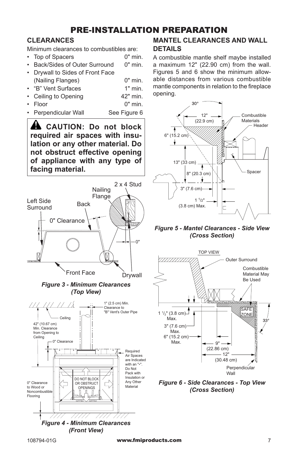 Pre-installation preparation, Mantel clearances and wall details, Clearances | FMI PFS P324E User Manual | Page 7 / 32