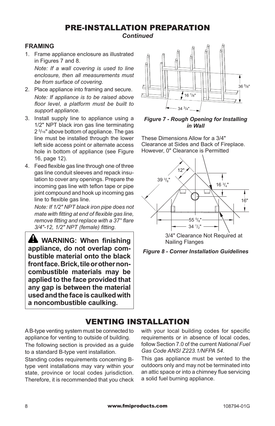 Pre-installation preparation, Venting installation, Continued framing | FMI PFS P324E User Manual | Page 8 / 32