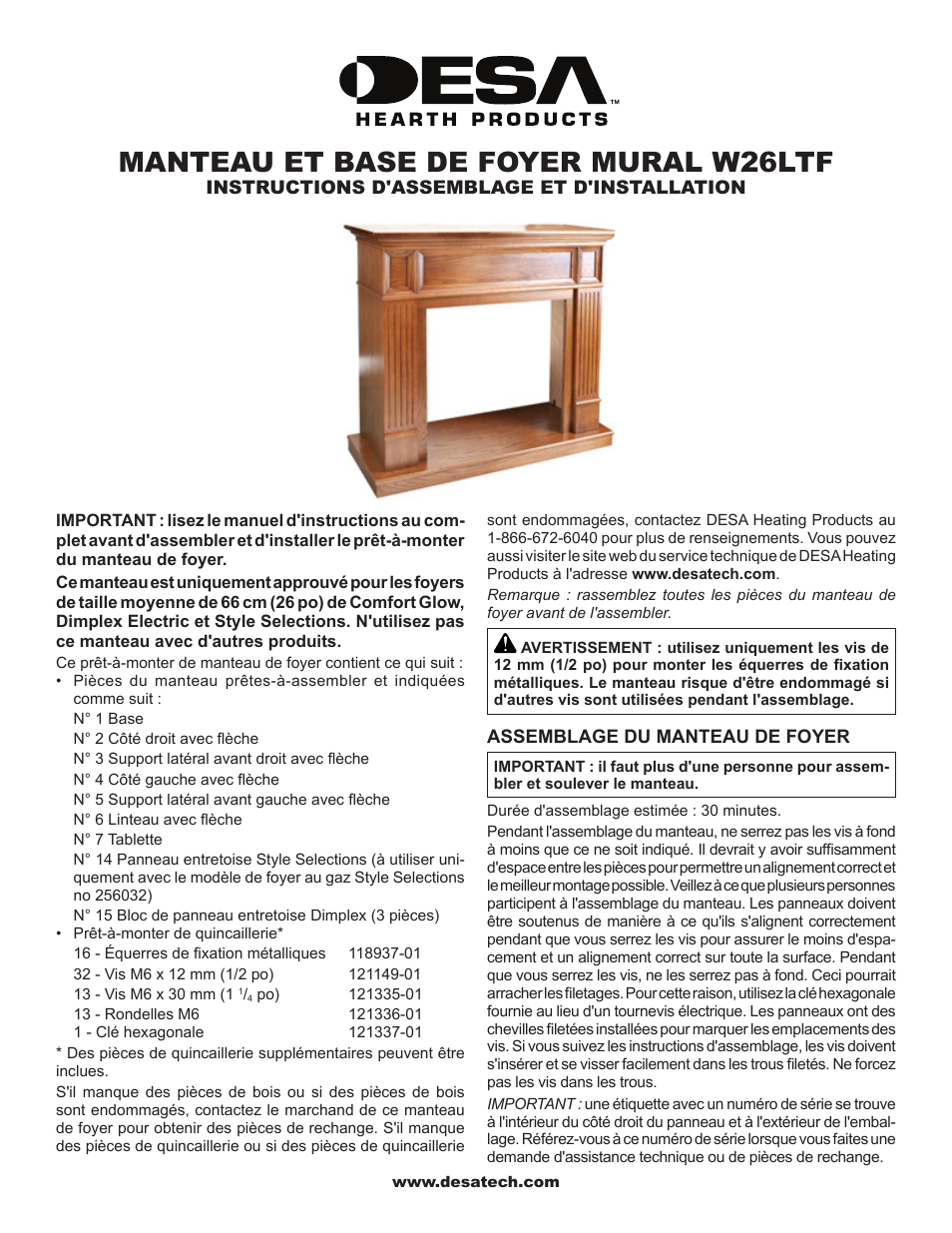 Manteau et base de foyer mural w26ltf | FMI W26LTF User Manual | Page 9 / 12