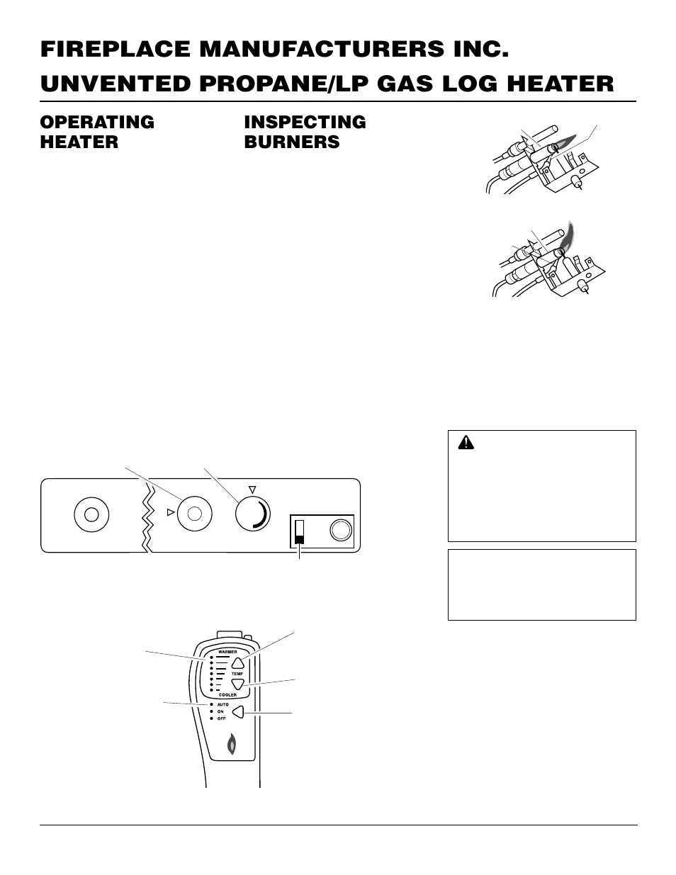 Operating heater, Inspecting burners, Continued | Pilot flame pattern, Front burner flame pattern | FMI VFP24R User Manual | Page 16 / 26