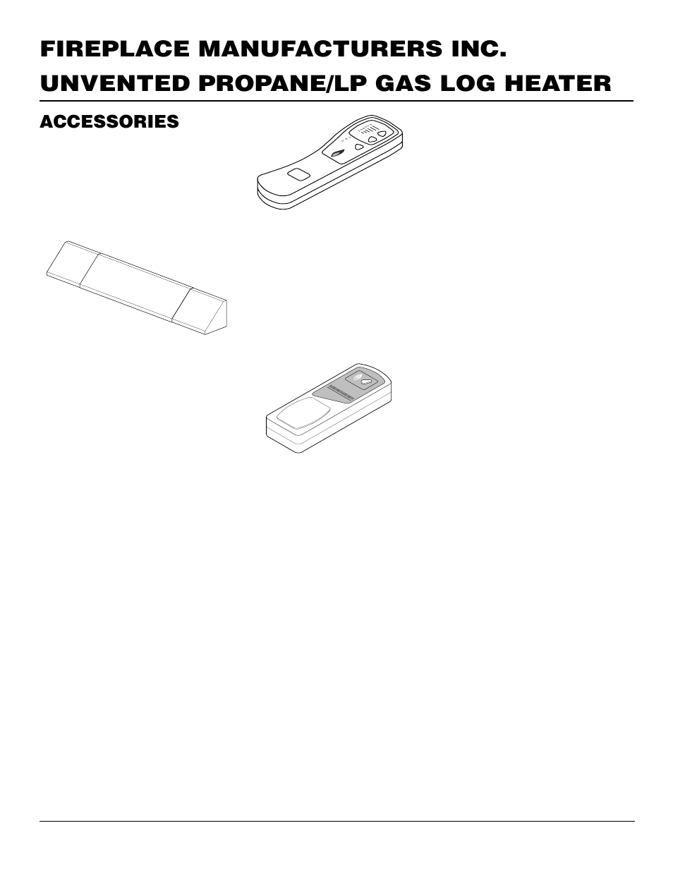 Accessories, Fireplace hood, Lava rock - ga6060 | Wall-mount thermostat switch - gwmt1, Wall-mount on/off switch - gwms2 | FMI VFP24R User Manual | Page 24 / 26