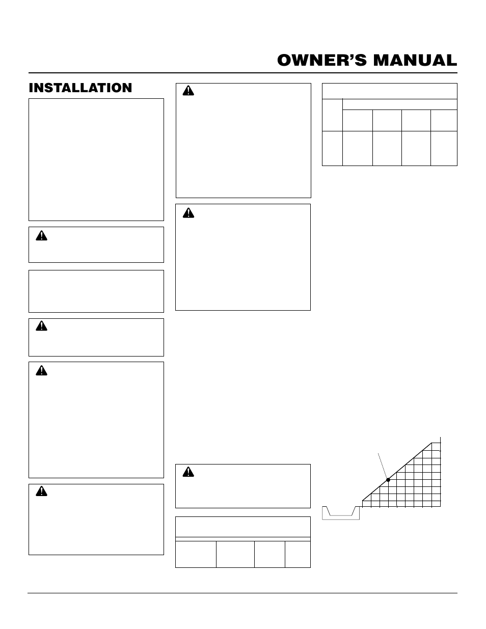 Owner’s manual, Installation, Installation and clearances | Check gas type, Vent-free operation only), Log sizing requirements | FMI VFP24R User Manual | Page 7 / 26