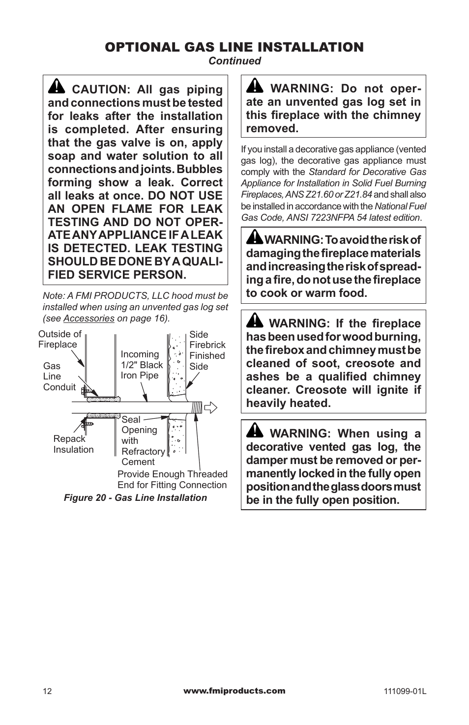 Optional gas line installation | FMI S42 User Manual | Page 12 / 20