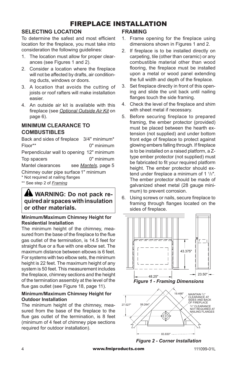 Fireplace installation, Framing, Selecting location | Minimum clearance to combustibles | FMI S42 User Manual | Page 4 / 20