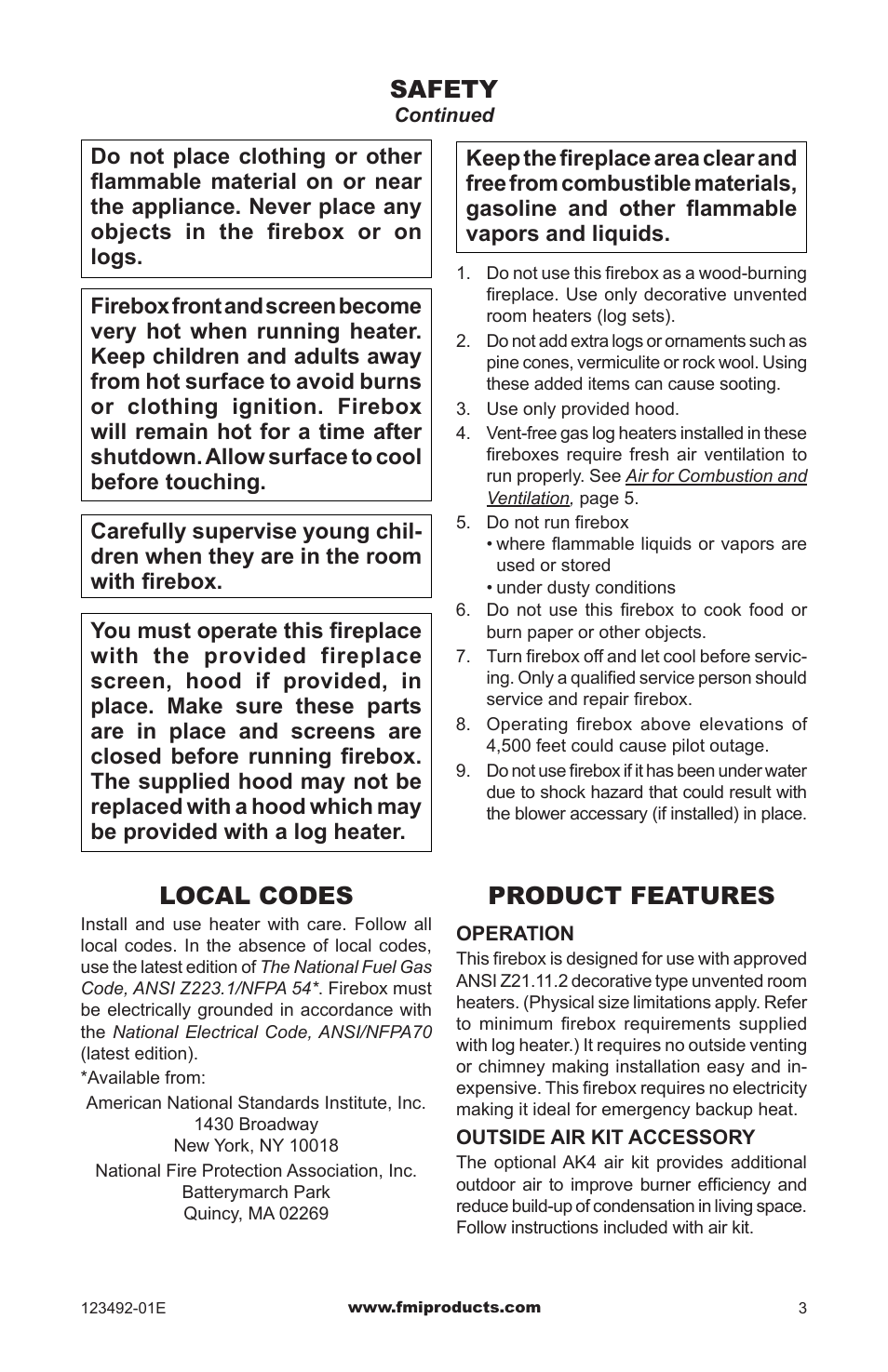 Local codes, Product features, Safety | FMI BV42L(B) User Manual | Page 3 / 16