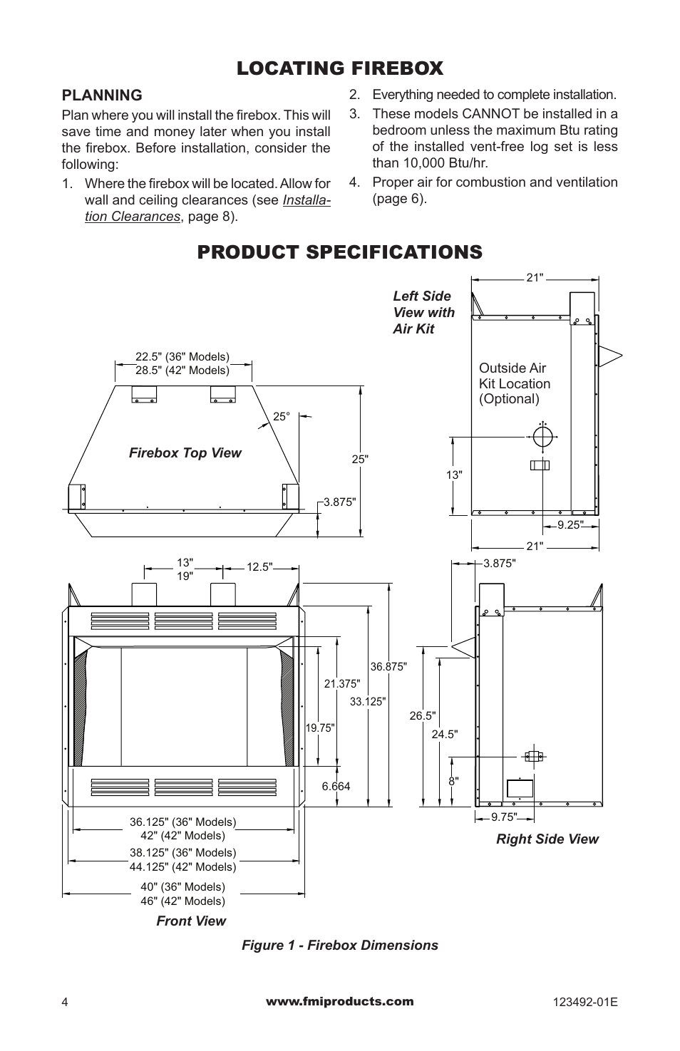 Locating firebox, Product specifications, Planning | FMI BV42L(B) User Manual | Page 4 / 16