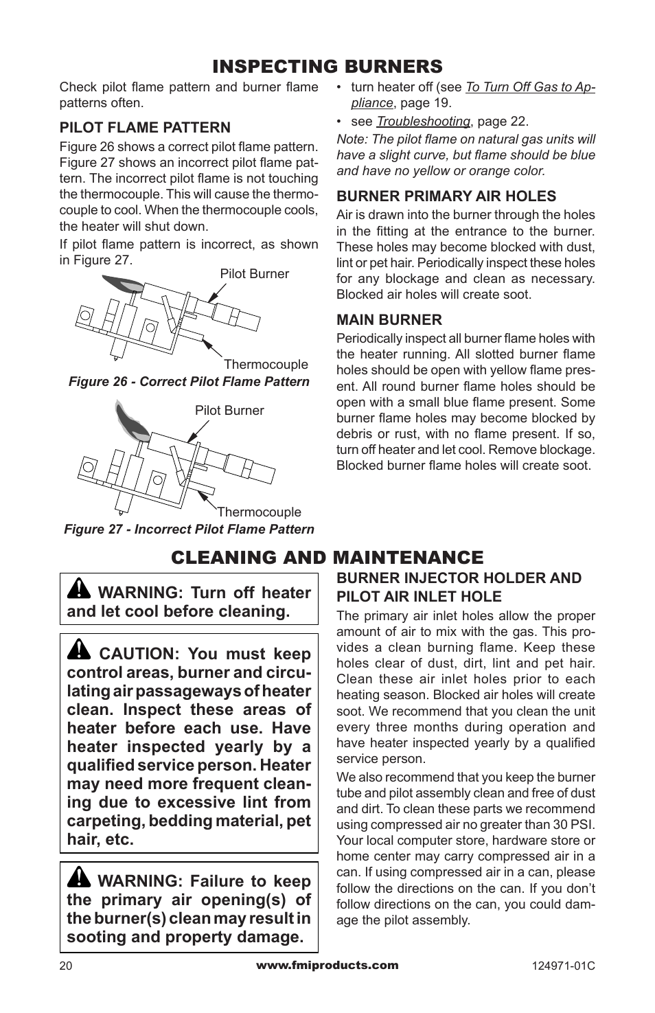 Inspecting burners, Cleaning and maintenance | FMI CCL3018PTA/NTA User Manual | Page 20 / 32