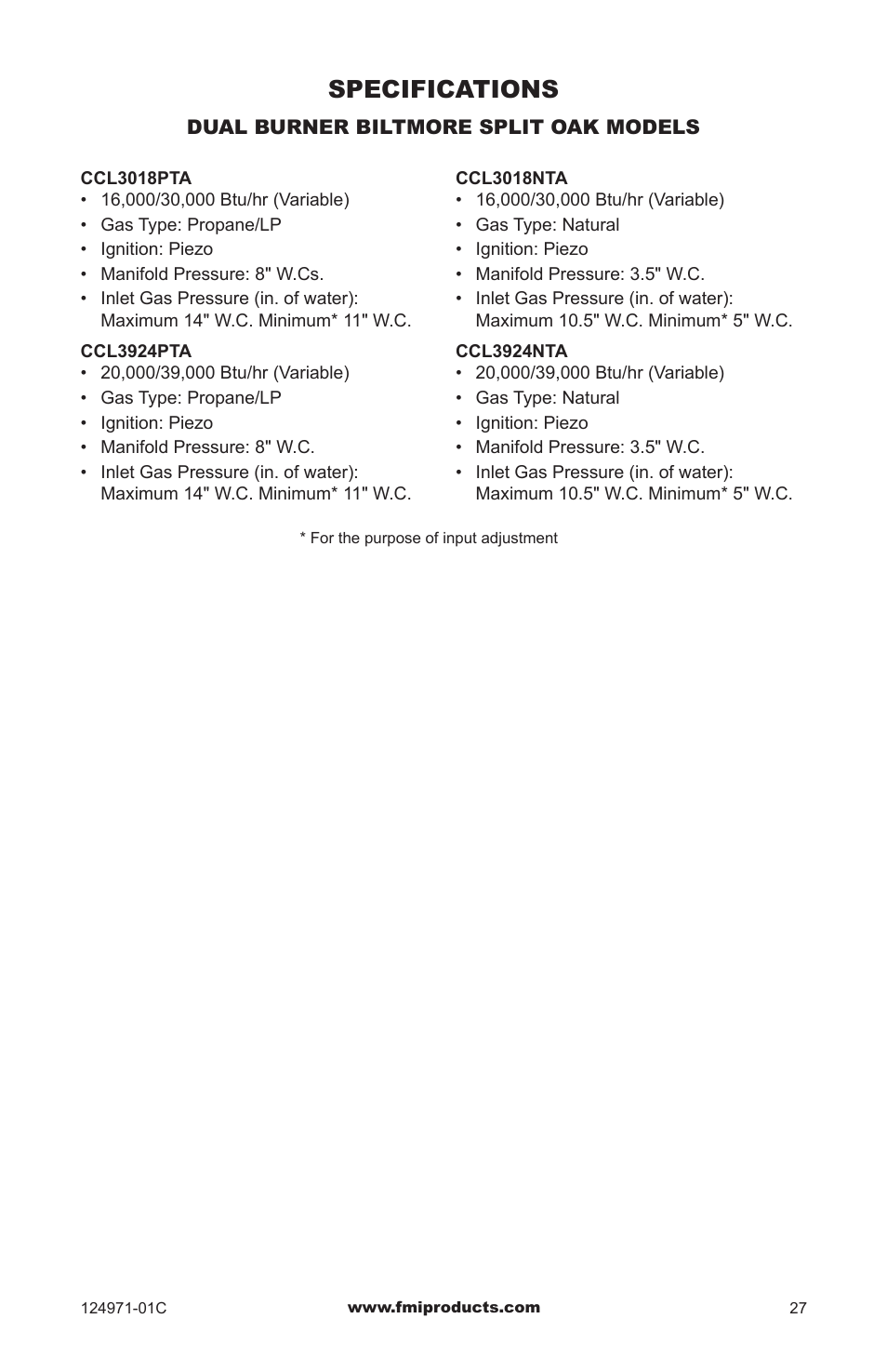 Specifications | FMI CCL3018PTA/NTA User Manual | Page 27 / 32