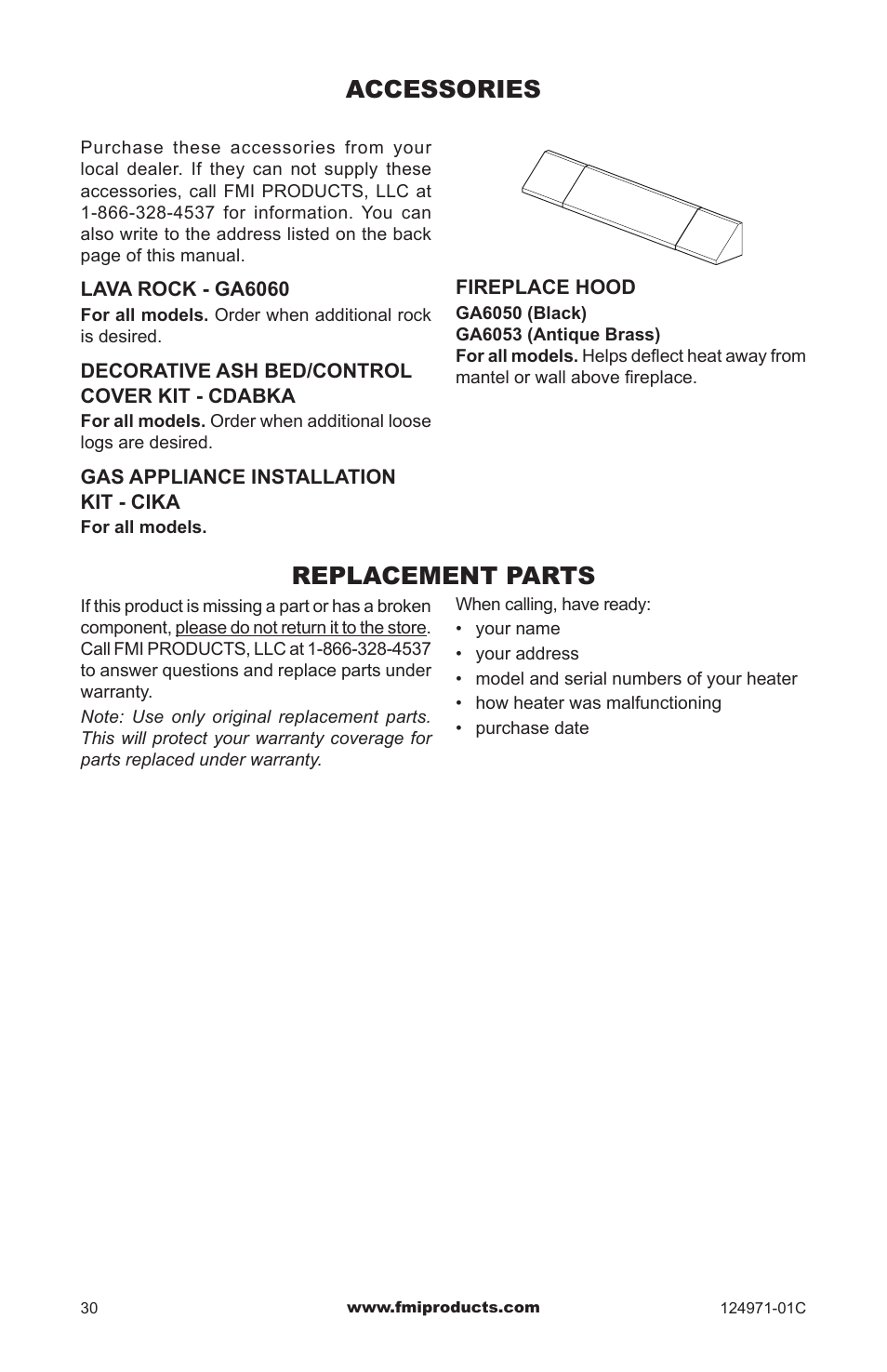 Accessories, Replacement parts | FMI CCL3018PTA/NTA User Manual | Page 30 / 32