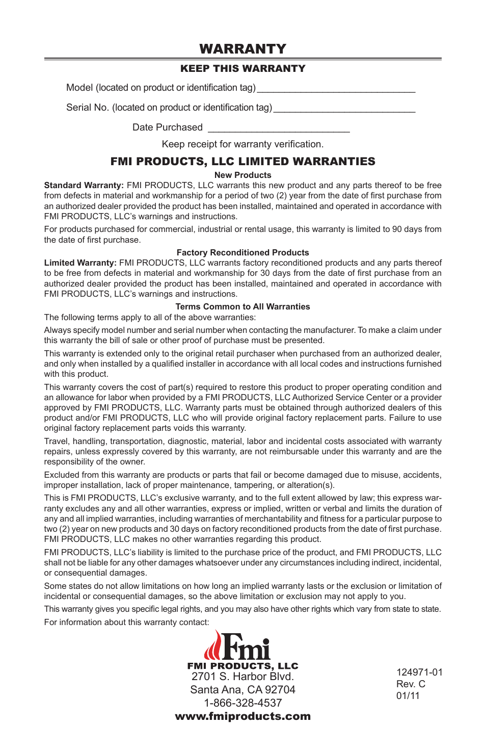 Warranty, Fmi products, llc limited warranties | FMI CCL3018PTA/NTA User Manual | Page 32 / 32