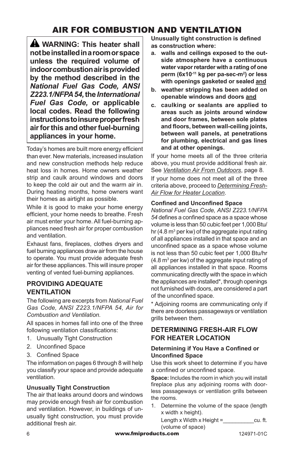 Air for combustion and ventilation | FMI CCL3018PTA/NTA User Manual | Page 6 / 32