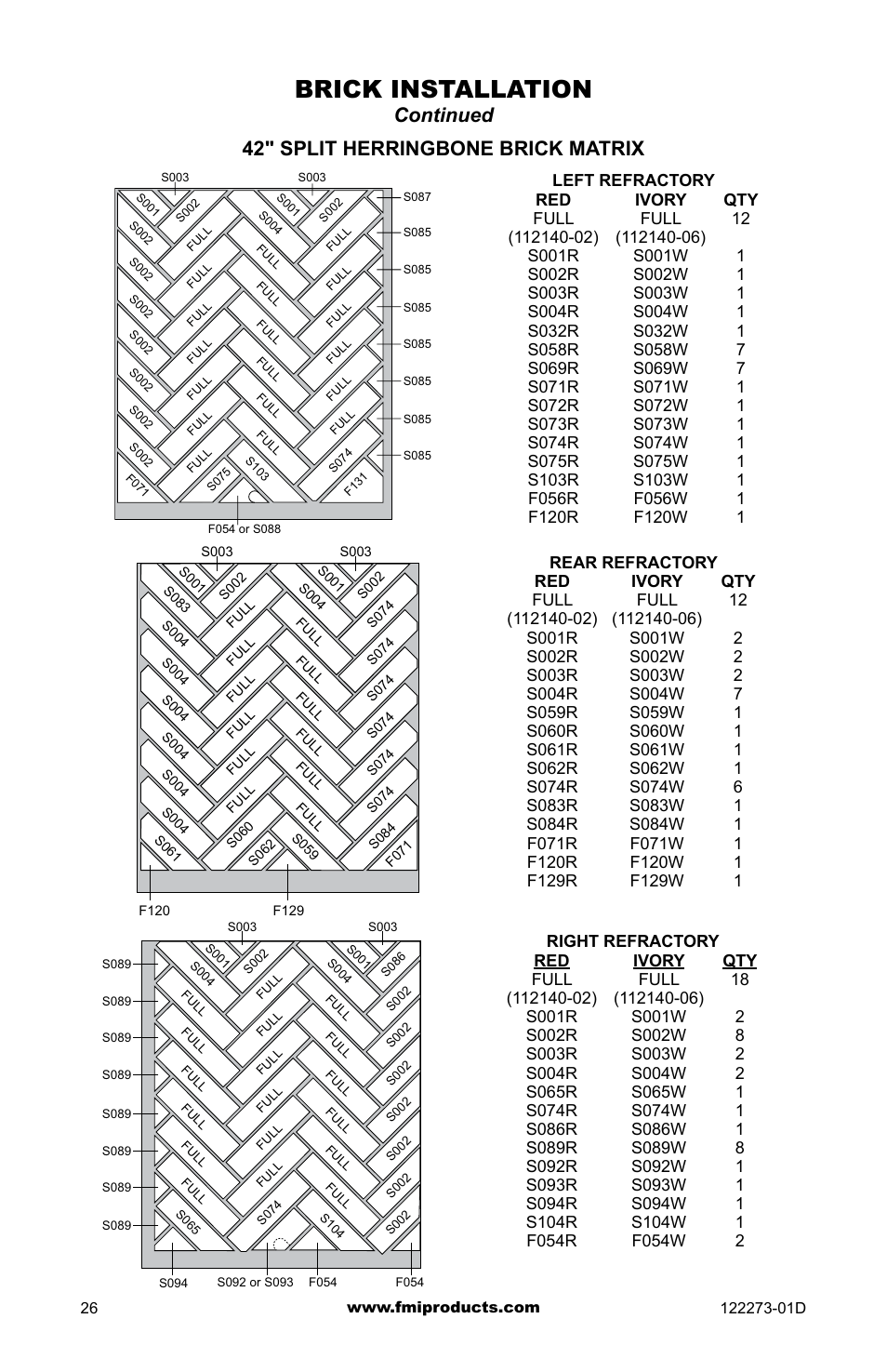 Brick installation, Continued 42" split herringbone brick matrix | FMI (V)JM42 User Manual | Page 26 / 40