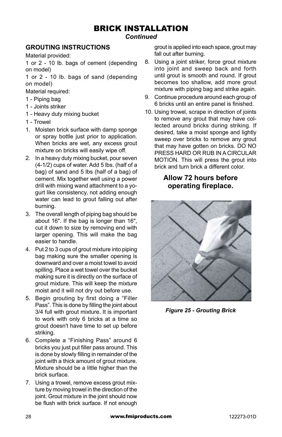Brick installation, Allow 72 hours before operating fireplace | FMI (V)JM42 User Manual | Page 28 / 40