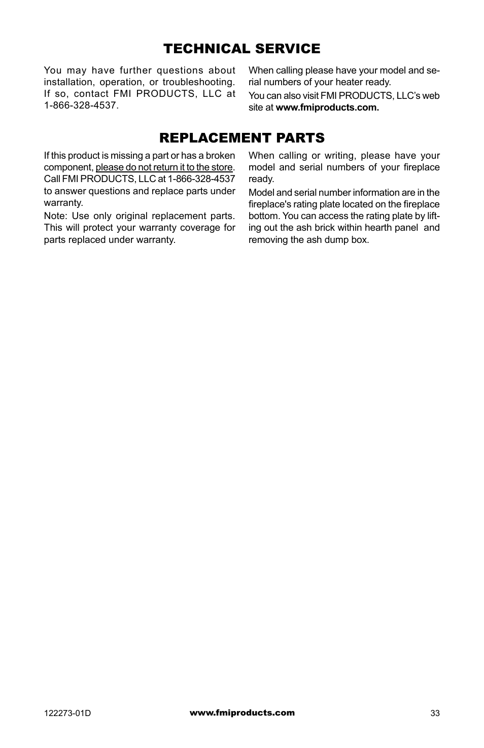 Technical service, Replacement parts | FMI (V)JM42 User Manual | Page 33 / 40
