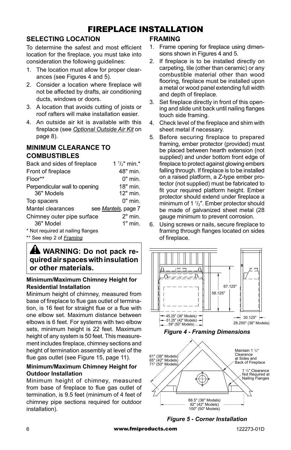 Fireplace installation, Framing, Selecting location | Minimum clearance to combustibles | FMI (V)JM42 User Manual | Page 6 / 40