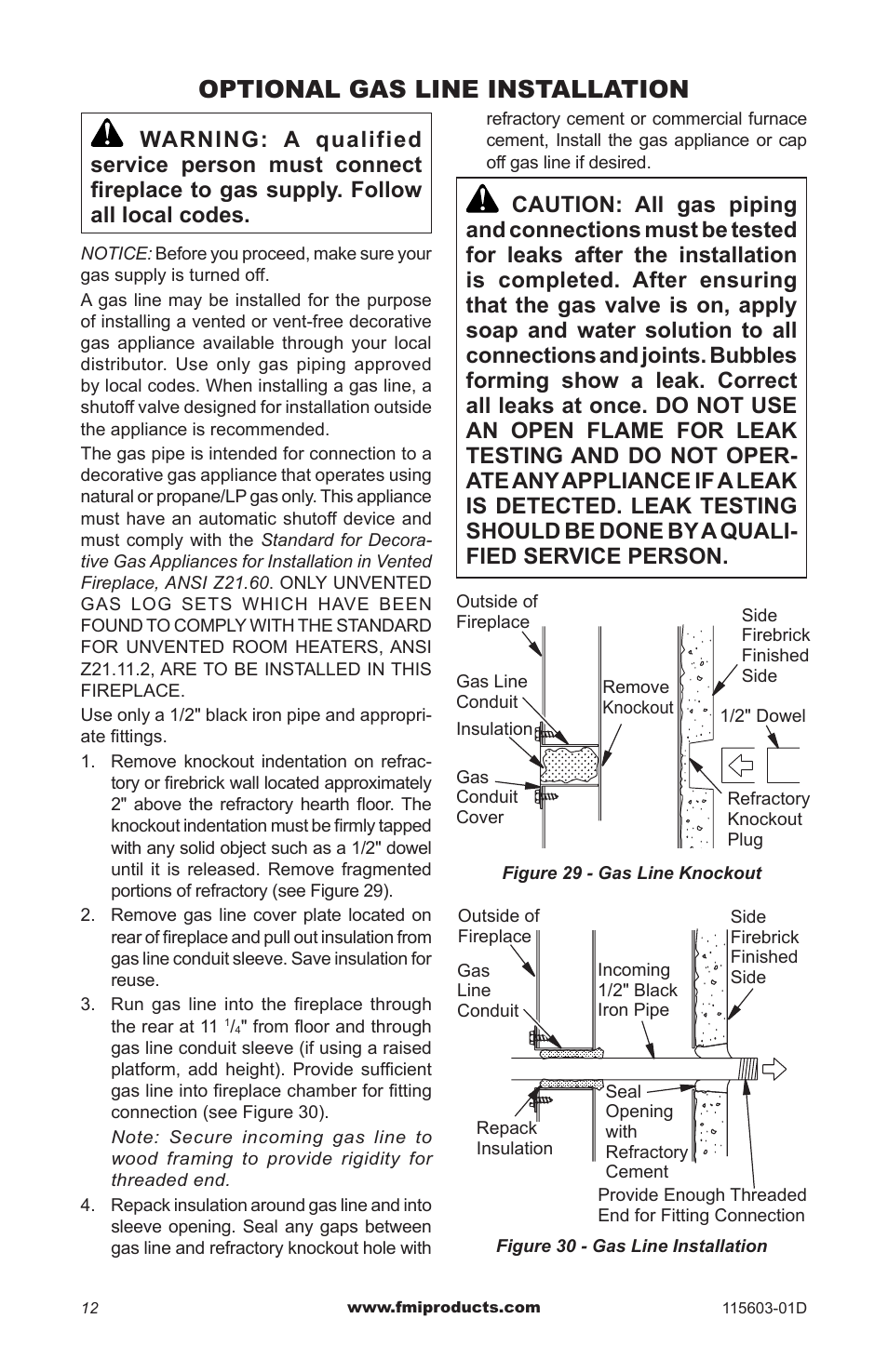 Optional gas line installation | FMI (V)3612ST User Manual | Page 12 / 16