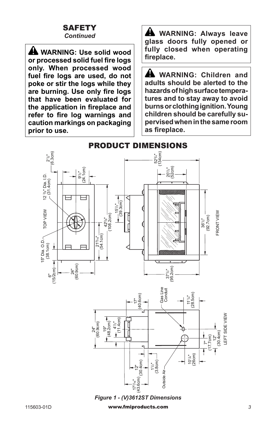 Product dimensions, Safety, Continued | FMI (V)3612ST User Manual | Page 3 / 16