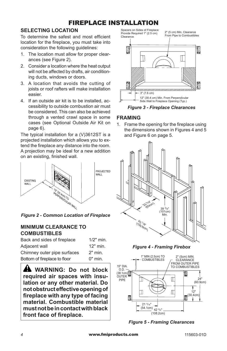 Fireplace installation, Minimum clearance to combustibles, Framing | Selecting location | FMI (V)3612ST User Manual | Page 4 / 16