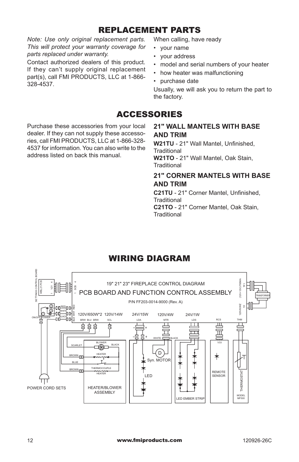 Replacement parts wiring diagram, Accessories, 21" wall mantels with base and trim | 21" corner mantels with base and trim, Pcb board and function control assembly | FMI CGEF23B User Manual | Page 12 / 16