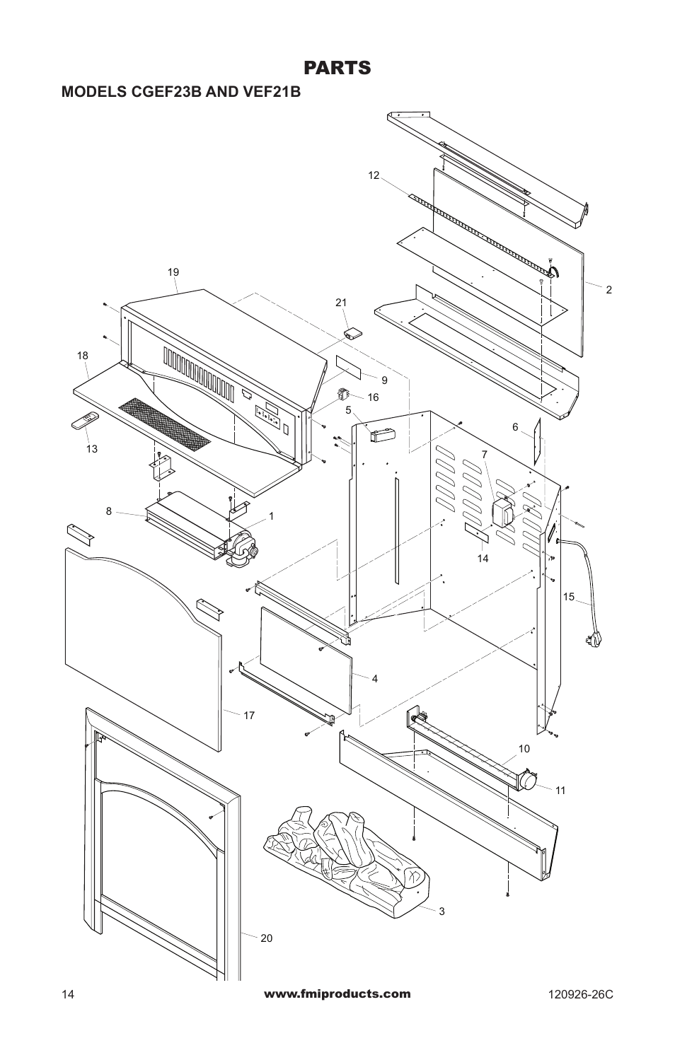 Parts, Models cgef23b and vef21b | FMI CGEF23B User Manual | Page 14 / 16