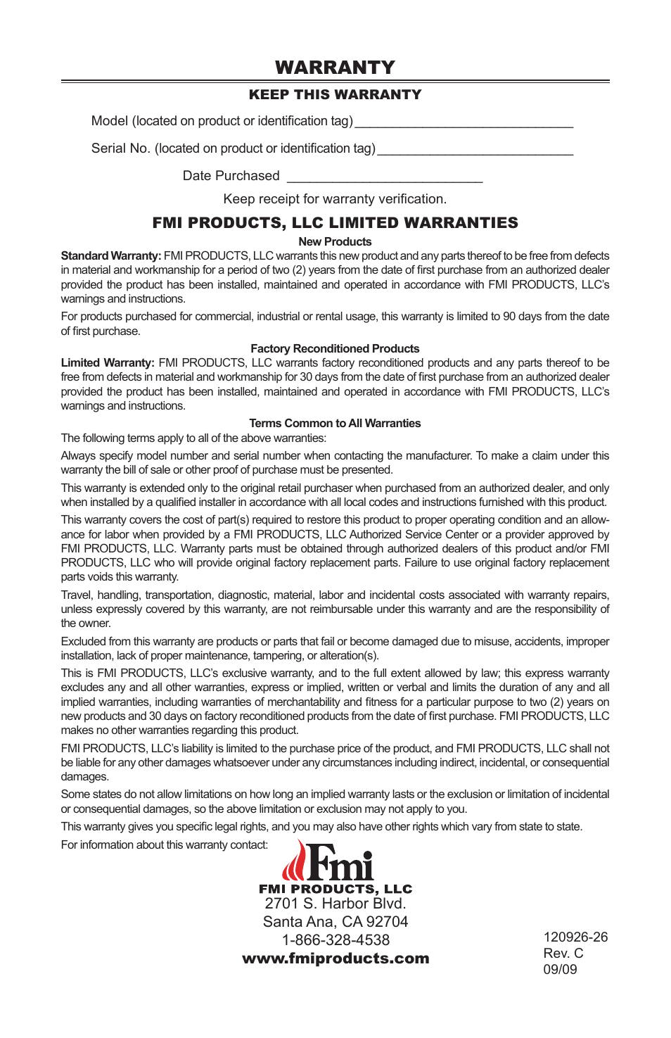 Warranty, Fmi products, llc limited warranties | FMI CGEF23B User Manual | Page 16 / 16